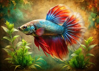 Fototapeta premium Retro betta fish portrait: vibrant colors, antique style photography.