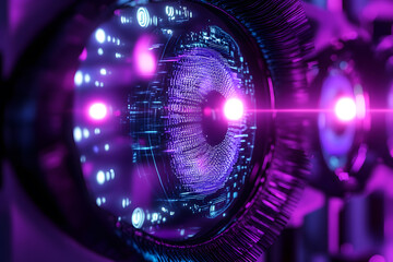 Human eye with cyber retinal recognition for neuro link connection, smart lens eyes, vision diagnostics. Augmented virtual reality in metaverse. AI artificial intelligence