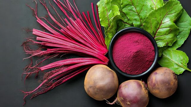 Bowl of red beets and green spinach is on a black background. The bowl is filled with red beets and a few green leaves