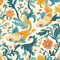 Colorful koi fish and floral pattern with vibrant leaves