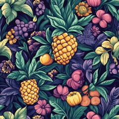 Fototapeta premium Tropical fruits and flowers seamless pattern
