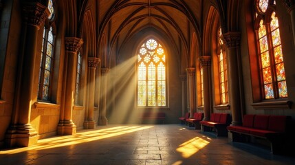 Obraz premium Sunlit Sanctuary A Hallway Bathed in Golden Light, Featuring Ornate Columns and Stained Glass Windows