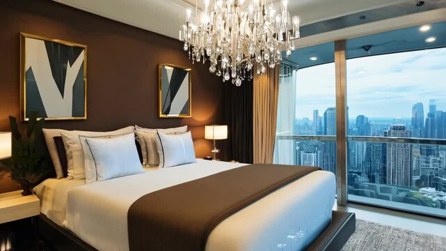 Interior of a luxurious bedroom, with large windows overlooking a modern city, fittings and design in fashionable colors of 2025, mocha mousse color