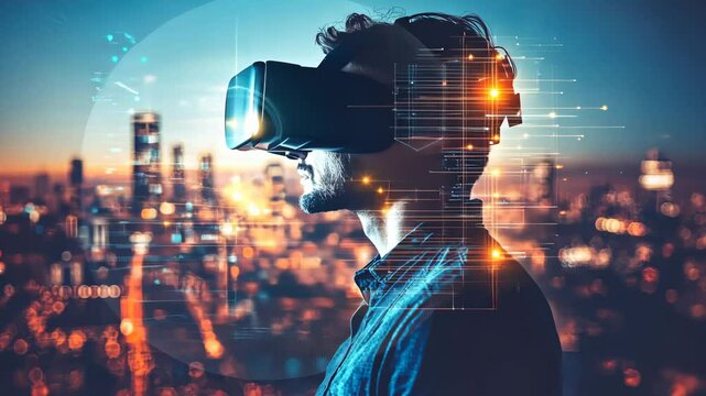 Immersive virtual reality experience in a futuristic cityscape