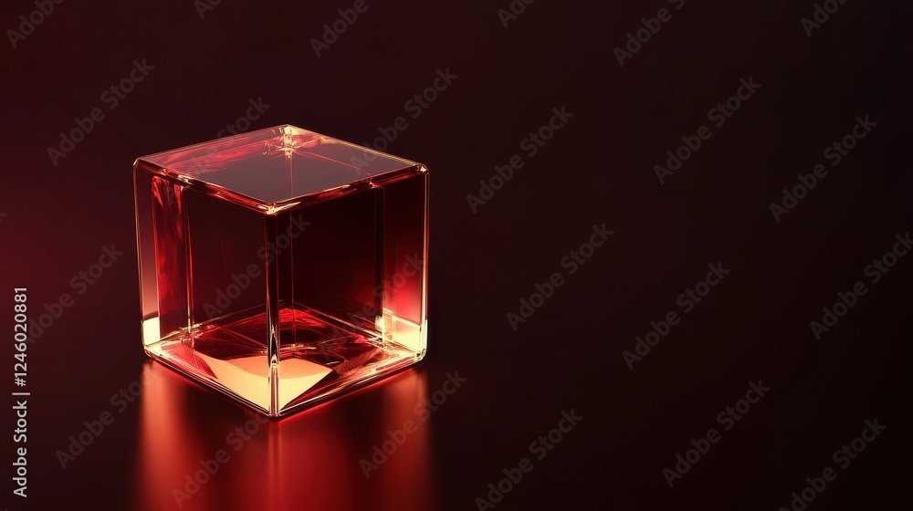 Poster transparent red glass cube with illuminated edges on dark surface for abstract concept