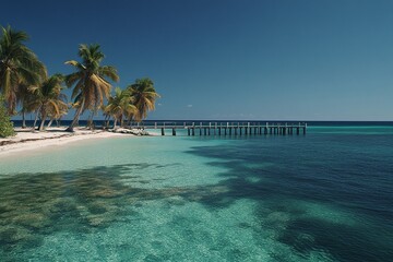 Fototapeta premium Tropical Beach with Palm Trees Clear Turquoise Water and Wooden Pier on a Sunny Day