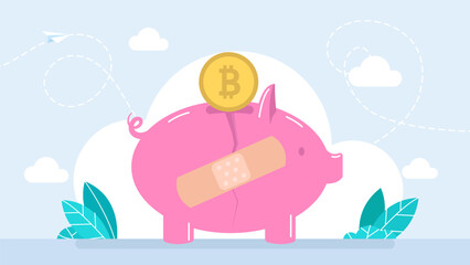 Piggy bank, bitcoin, crack, crisis, plaster. A crypto piggy bank with bitcoins and adhesive tape on the outer side, a cryptocurrency market economic crisis, savings account. Vector illustration