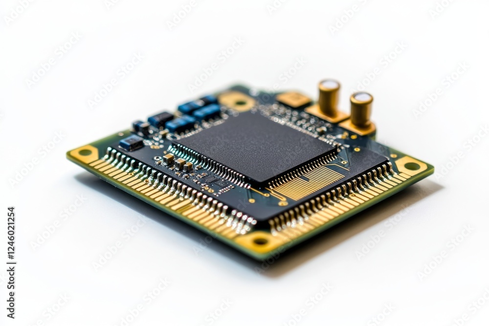 Poster microchip technology on circuit board, white background, electronics development