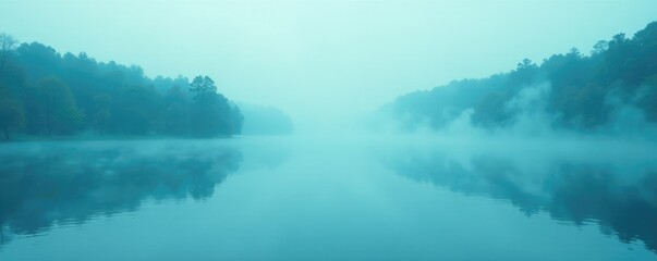 Muted teal and blue mist rising from a tranquil lake surface, blue, reflection