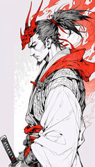 Obraz premium A Bold Pencil Drawing of a Japanese Warrior in Red Kimono With Katana Sword Showcasing the Timeless Power of Samurai Tradition Anime Wallpaper Background Illustration Aesthetic