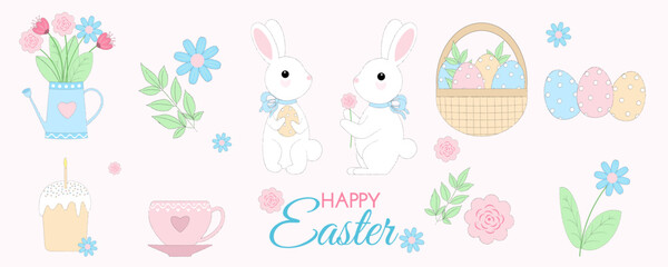 Cute Easter set, collection of spring  elements - rabbits, flowers, eggs and other isolated on background. Vector illustration for banners, card