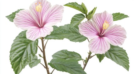 Beautiful Pink Hibiscus Flowers with Green Leaves on White Background