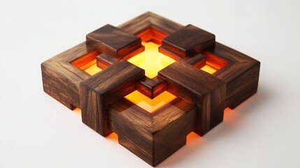Wooden Geometric Lamp with Warm Glow on White Background - Perfect for Home Decor and Creating Ambient Lighting Atmosphere