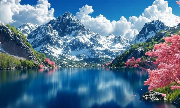 Crystal clear lake reflecting snowy mountains and spring blossoms beautifully. Nature concept
