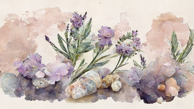 Watercolor painting featuring a delicate arrangement of purple and pink flowers with green leaves. AI generated.