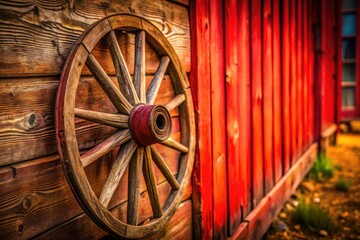 Obraz premium Rustic wooden wheel and red plank backdrop: perfect vintage farmhouse photography setting.