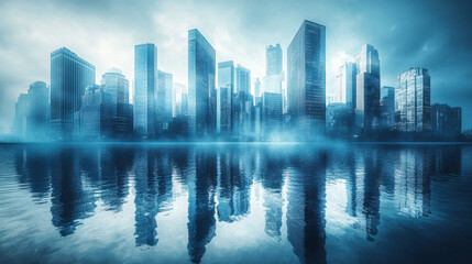 Obraz premium A beautifully designed urban skyline with high-rise skyscrapers elegantly mirrored on a smooth, reflective surface