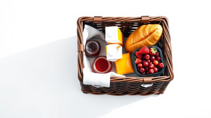 Picnic basket with food and drinks on white background