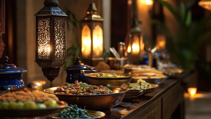 Arabian buffet, lanterns, courtyard, dinner, feast