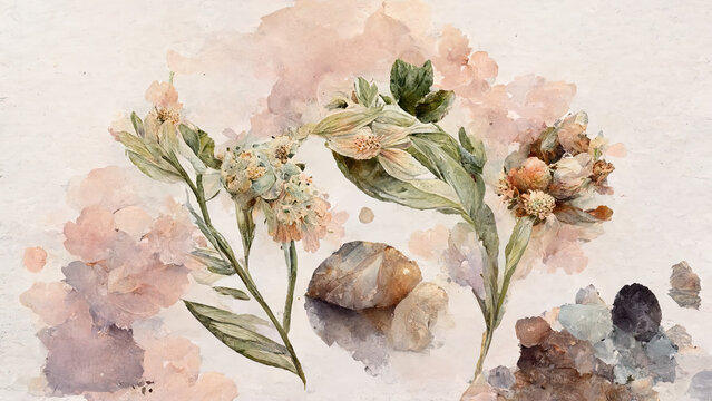 Watercolor painting featuring a delicate arrangement of purple and pink flowers with green leaves. AI generated.