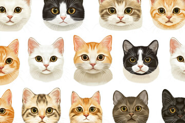 Fototapeta premium A charming seamless pattern showcasing adorable cat faces, each one capturing the unique expressions and features of different cat breeds. seamless pattern with cats