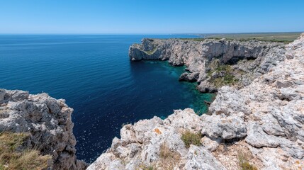 Coastal cliffs, turquoise sea, sunny day, scenic view, travel brochure