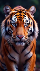 Obraz premium Majestic Tiger Portrait A Close-Up View of an Orange and Black Striped Cat, Showing Intricate Detail of Fur, Eyes, and Whiskers