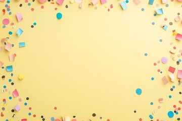 Yellow Background with Colorful Confetti and Paper Decorations for Celebrations and Festive Events