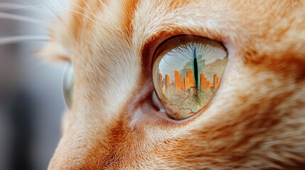The Impact of PM 2.5 on Health and Environment Themed, close up of cat eye reflecting city skyline, showcasing urban life