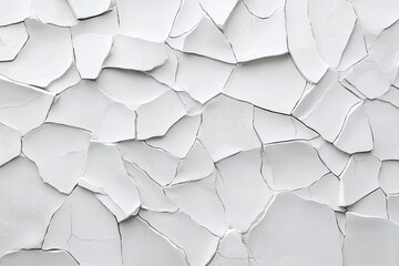 Closeup of Abstract Cracked White Plaster Wall Texture with Irregular Shapes and Rough Surface