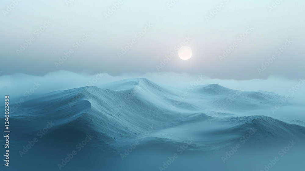 Poster soft waves gently rise and fall under a pale blue sky as the sun peeks over the horizon, creating a 
