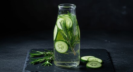 Refreshing cucumber rosemary infused water in glass bottle on dark background
