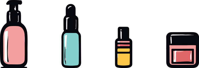 Bottles and Tubes Beauty Cosmetology Products Set Vector Flat Icons Illustration Isolated White Background
