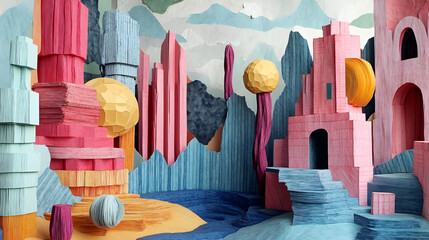 cubist paper-crafted landscape with disjointed perspectives and abstract elements 