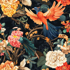 Colorful birds and flowers in seamless pattern