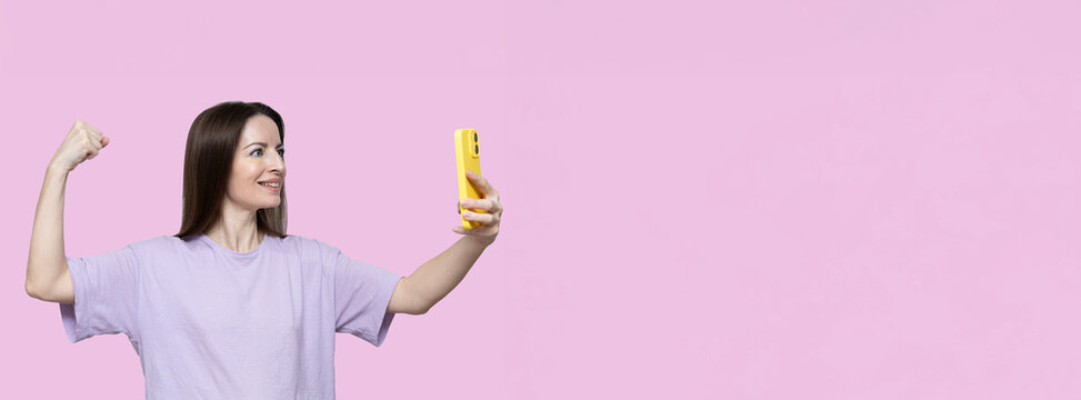 Accelerate action IWD2025. Banner AccelerateAction. International Women's Day. 8 march day. Woman demonstrated power, strength during a video call.