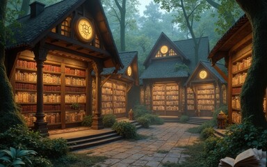 Fototapeta premium Enchanted Library Setting Surrounded by Lush Green Forest