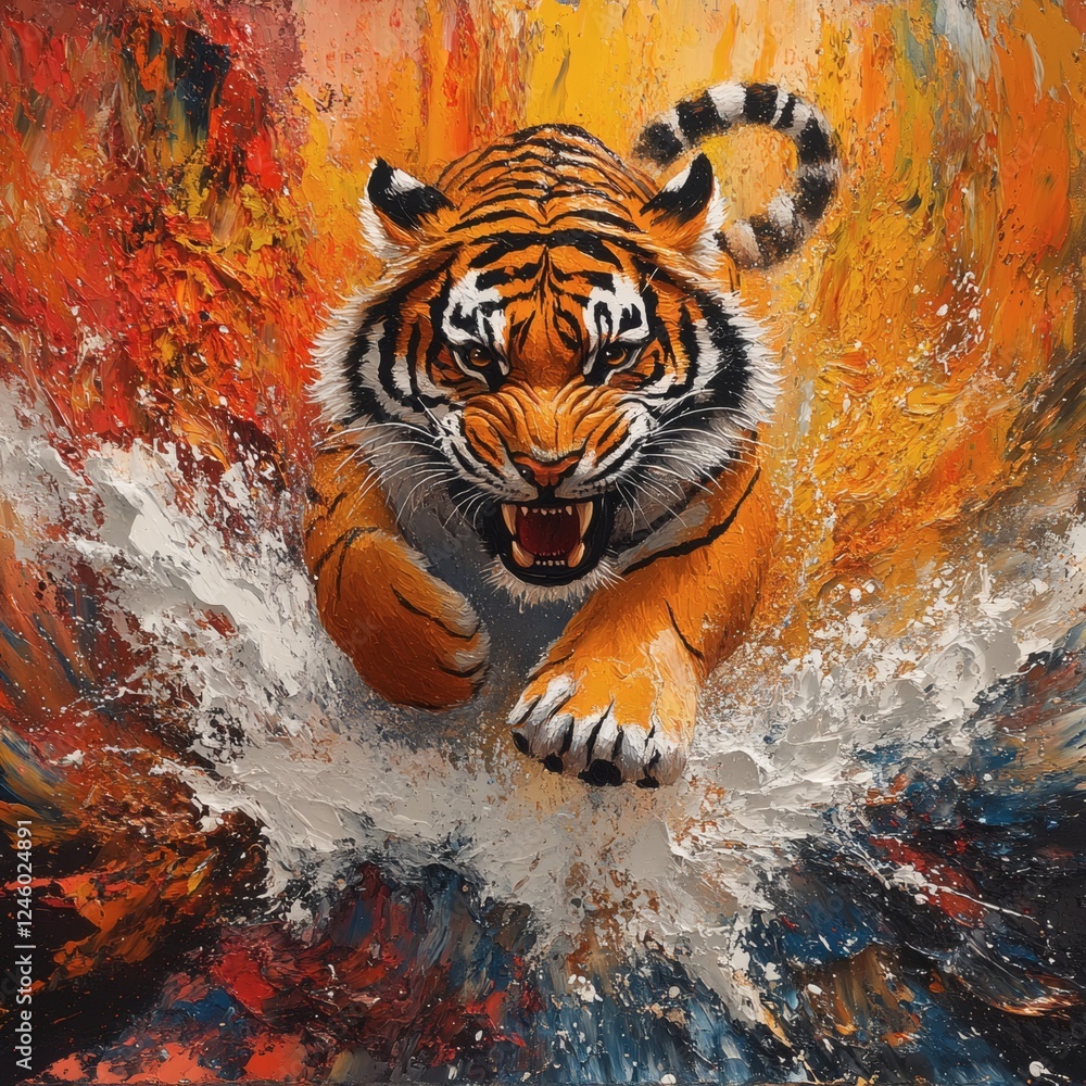 Poster asian tiger leaping through a vibrant abstract scene fluid paint and impasto textures swirl around i