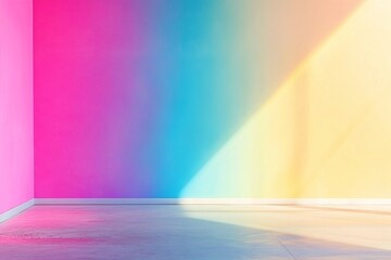 Vibrant Gradient Wall with Pink Blue Yellow Soft Room Lighting and Minimal Concrete Floor