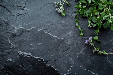 Dark Slate Stone Background With Fresh Green Herbs And Violet Flowers For Organic Food Concept