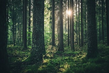 Obraz premium Sunlight Streaming Through Dense Green Forest with Tall Trees and Lush Mossy Ground