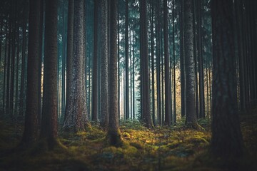 Obraz premium Tall Pine Trees in Dense Forest with Sunlight Shining Through and Mossy Ground in Natural Setting