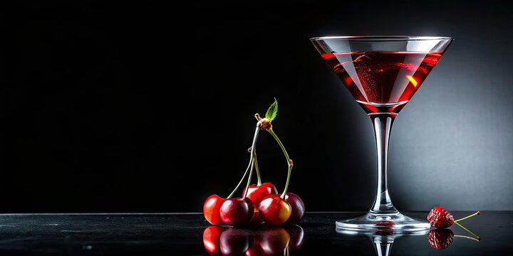 Sleek jigger, martini glass, glistening cocktail; black backdrop, cherry garnish.
