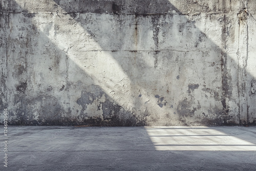 Poster aged concrete wall with natural shadow patterns and empty floor in industrial setting