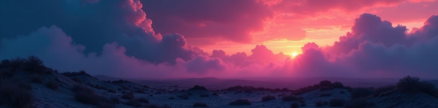 Nocturnal vapors waft across a desolate terrain, clouds, veiled scene