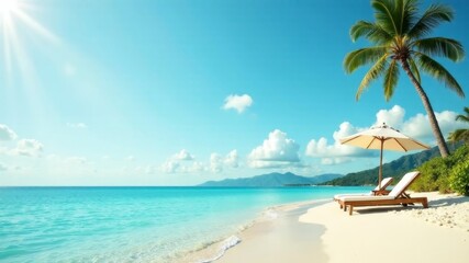 sun loungers on a sandy beach with palm trees on a sunny day on the ocean shore