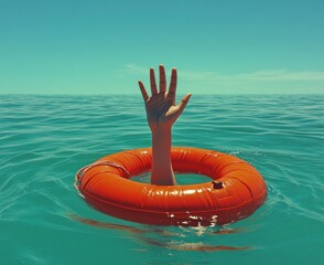 Lonely Hand Reaching for Lifebuoy in Calm Sea Ready for Rescue