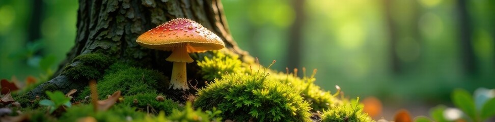 Oak mushroom grows in moss beneath tree trunk, fungi, earthy