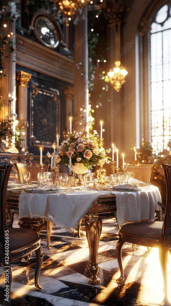 Poster creating an inviting atmosphere for elegant dining events in a candlelit floral arrangement setting