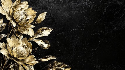 Golden peonies on black background; elegant design